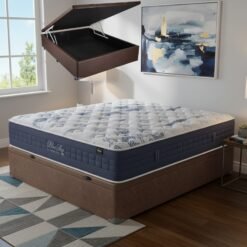 Colchão Casal Blue Sea 31 cm D28 Molas Ensacadas + Base Baú Corino Marrom – ANJOS + BIOSTAR