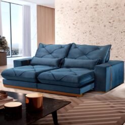 Sofá Retrátil e Reclinável Luanda/Isabella 2,50 m Veludo Azul - TREVO ESTOFADOS