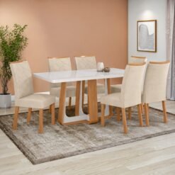 Mesa Sintonia (Tampo Maxi) 170 Amêndoa Clean/Off White com 6 Cadeiras Rayla Linho Bege – LOPAS