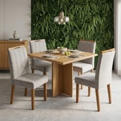 Mesa Pérola 90 Imbuia Mel (Tampo Viena s/vidro) com 4 Cadeiras Las Vegas Veludo Bege 01 – CARVALHO DECOR + OURO DECOR