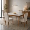 Mesa Atos 100 (Tampo 18 mm) Mel/Off White com 4 Cadeiras Las Vegas Veludo Bege 01 – VIEIRA DECOR + OURO DECOR