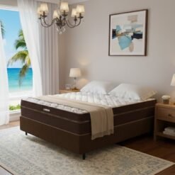 Colchão Casal Lisboa 24 cm D28 Molas Ensacadas + Base Simples Corino Marrom – ECOTEC + ALTO NÍVEL