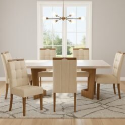 Mesa Liz 160 (Tampo 40 mm) Cinamomo/Off White com 6 Cadeiras Sophia Linho Bege 200 – VALDEMÓVEIS + WM DECOR