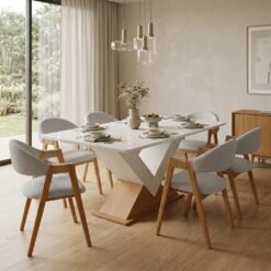 Mesa Amora BA35 160 Canela/Off White com 6 Cadeiras Ravenna Linho Cinza – KAPPESBERG + GARDIM MÓVEIS