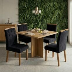 Mesa Pérola 90 Imbuia Mel (Tampo Viena s/vidro) com 4 Cadeiras Las Vegas Veludo Preto 13 – CARVALHO DECOR + OURO DECOR